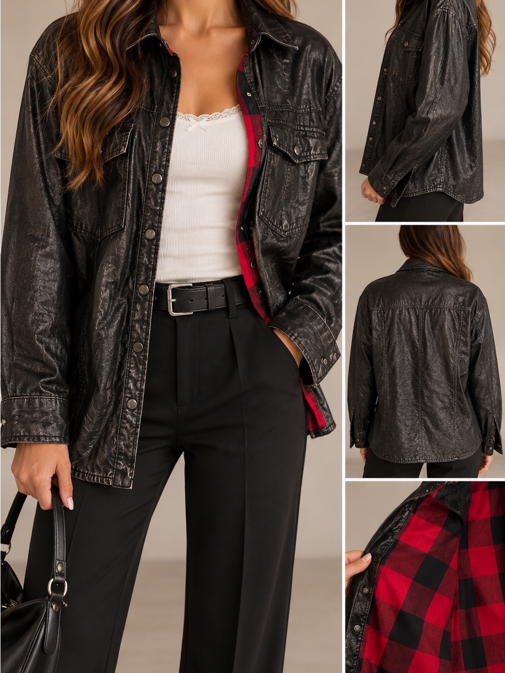 Zara Black Faux Leather Buffalo Plaid Lined Shirt Jacket XS